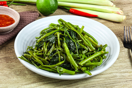 Asian cuisine stir fried morning glory with sauce