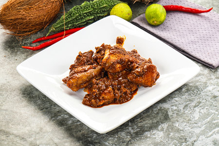 Indian cuisine - Vindaloo fish with spices and garnishの写真素材