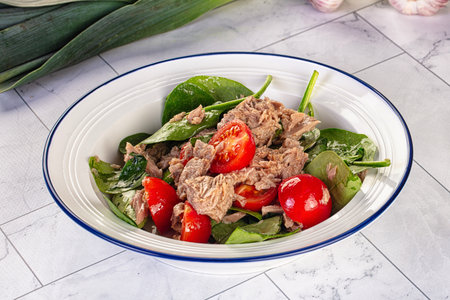 Salad with canned tuna, chtrry tomatoes and spinachの写真素材