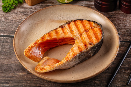 Gourmet Grilled salmon firsh fillet steakの写真素材