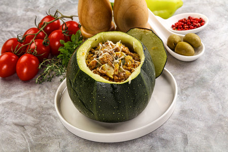 Baked round zucchini with meat and vegetablesの写真素材