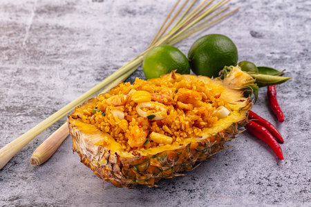 Seafood fried rice in pineapple half with prawn and squid