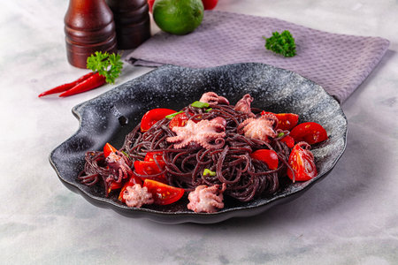 Gourmet black spaghetti with octopus and tomatoの写真素材