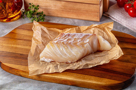 Raw code fish fillet for cooking over board