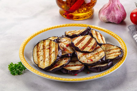 Tasty grilled eggplant round slices snackの写真素材