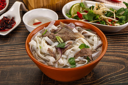 Vietnamese Pho Bo soup with beef, noodles, cilantro and spices