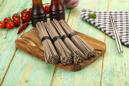 Raw dry bukwheat soba noodles for cooking