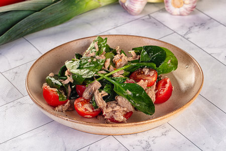 Salad with canned tuna, chtrry tomatoes and spinachの写真素材