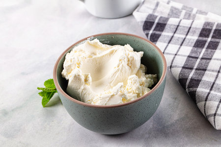 Cream cheese in the bowl served mintの写真素材