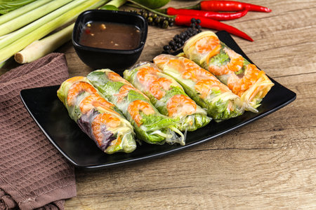 Vietnamese traditional spring roll with prawn and mango