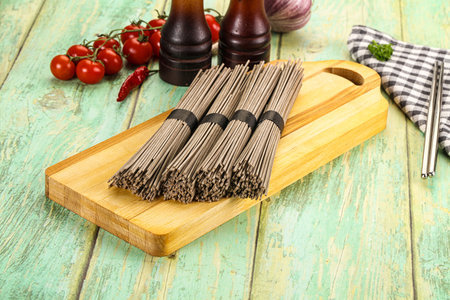 Raw dry buckwheat soba noodles for cooking