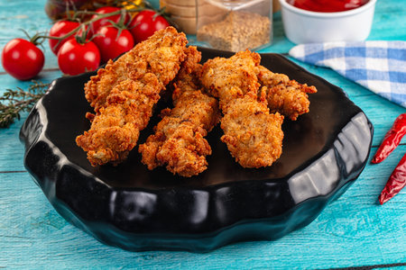 Golden crispy fried spicy chicken stripsの写真素材