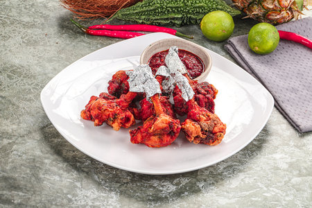 Indian cuisine - Red Chicken lollipops with spicesの写真素材