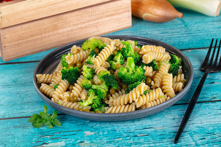 Italian vegan pasta fusilli with broccoli cabbageの写真素材