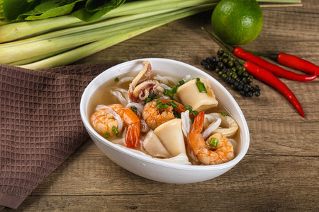 Vietnamese Pho Bo soup with seafood prawn and squid