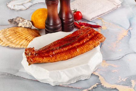 Smoked unagi eel fish in sauceの写真素材
