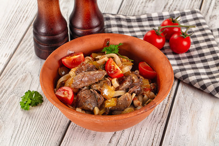 Asian udon noodles with beef and vegetablesの写真素材