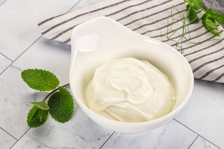 Traditional soft dietary Greek yoghurt served mint leavesの写真素材