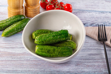 Homemade lightly salted cucumbers snack appetizerの写真素材