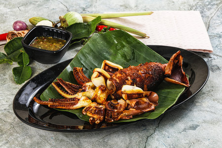 Delicous Grilled squid with sauce and spices
