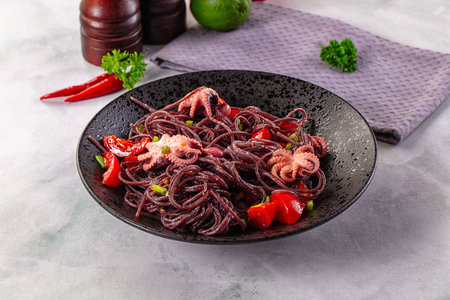 Gourmet black spaghetti with octopus and tomatoの写真素材