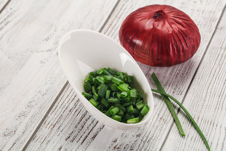 Diced fresh green onionの写真素材