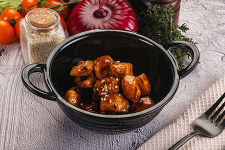 Chicken fillet with soya teriyaki sauce and sesame seedsの写真素材