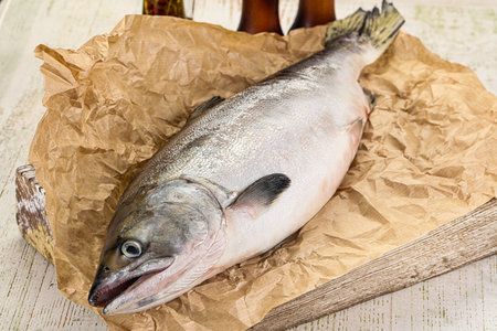 Raw wild whole salmon fish for cookingの写真素材