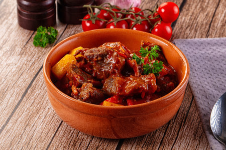 Stew Hungarian goulash with beef meat and vegetablesの写真素材