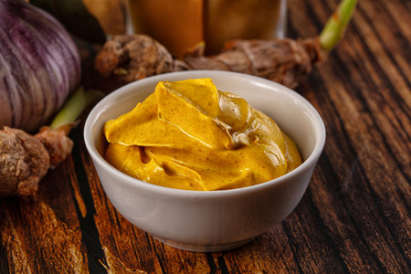 Indian yellow spicy curry sauce dipの写真素材