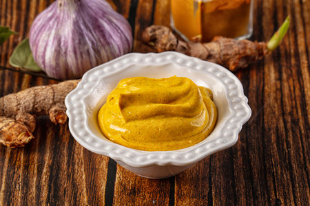 Indian yellow spicy curry sauce dipの写真素材