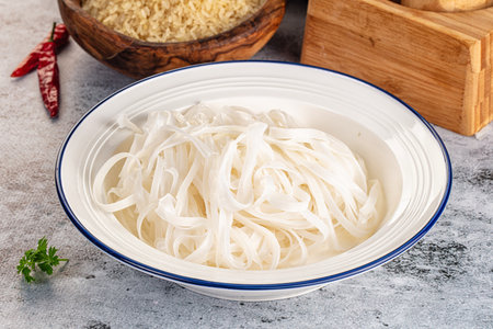 Boiled asian rice pho noodles for soup