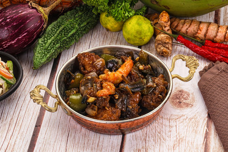 Manchirian breaded prawn with vegetables and sauceの写真素材