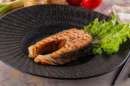 Delicous Gourmet grilled salmon fish steakの写真素材