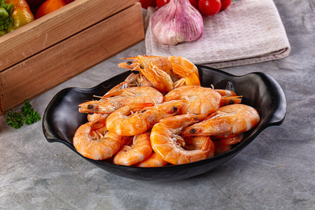 Boiled tiger prawns in the bowl for snack