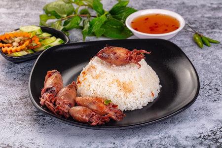 Tasty baked baby swuid with rice