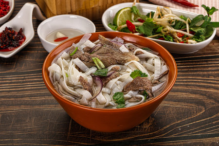 Vietnamese Pho Bo soup with beef, noodles, cilantro and spices
