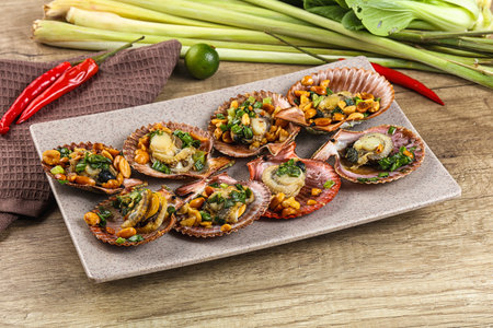 Baked scallops with scalion oil