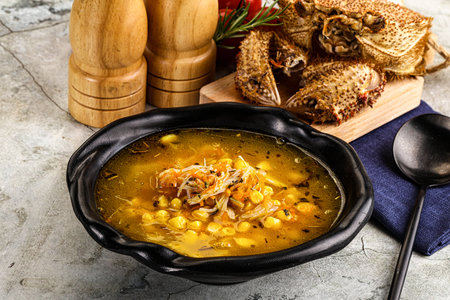 Delicous Hot Crab corn soup with vegetablesの写真素材