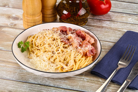 Italian pasta Carbonara - spaghetti with bacon and cheeseの写真素材