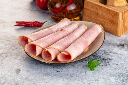 Pork ham roll snack appetizer in the plateの写真素材