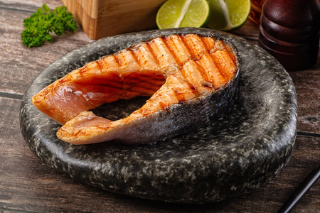 Gourmet Grilled salmon firsh fillet steakの写真素材