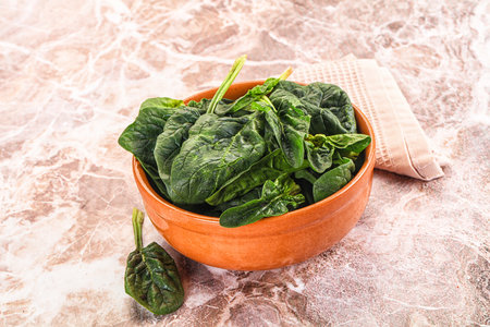Fresh green spinach leaves heap in the bowlの写真素材