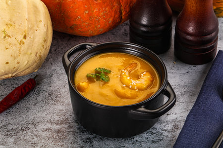 Pumpkin dietary cream soup with prawnsの写真素材