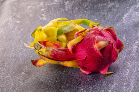 Sweet fresh red and yellow Dragon fruit pitahayaの写真素材