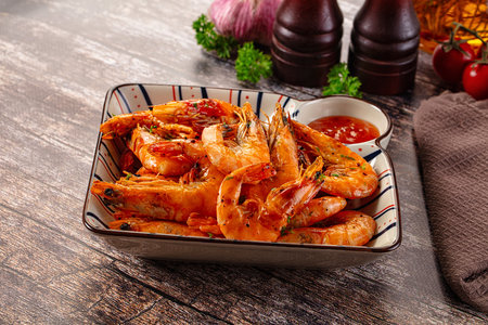 Delicious roasted tiger prawn snack in the bowlの写真素材
