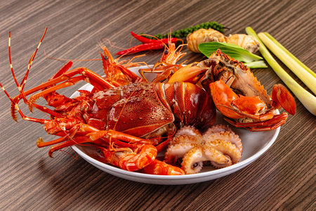 Seafood plate mix - lobster, crab, prawm octopusの写真素材