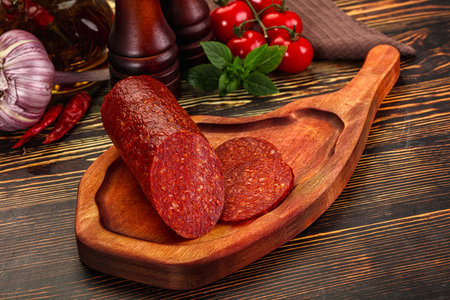 Spicy pepperoni sausages with sliced piece over backgroundの写真素材
