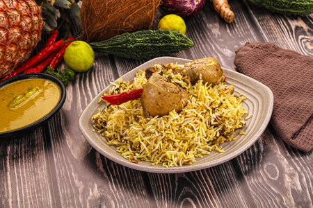 Indian cuisine chicken biryani with basmati riceの写真素材