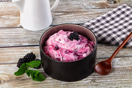 Organic tasty dairy yoghurt with fresh blackberryの写真素材